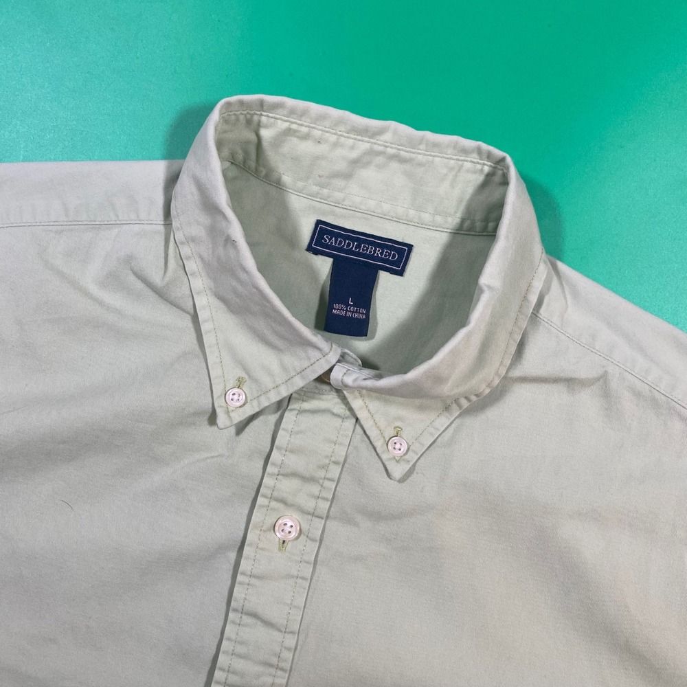 Saddlebred Mens Light Green Short Sleeve Button Down Shirt‎ Size L 100 Cotton